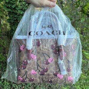 Coach Mollie Tote Bag 25 Cherry Print Signature Canvas Multicolor CZ772 NWT